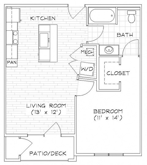 Floor plan for 1 bed, 1 bath, 643 sqft